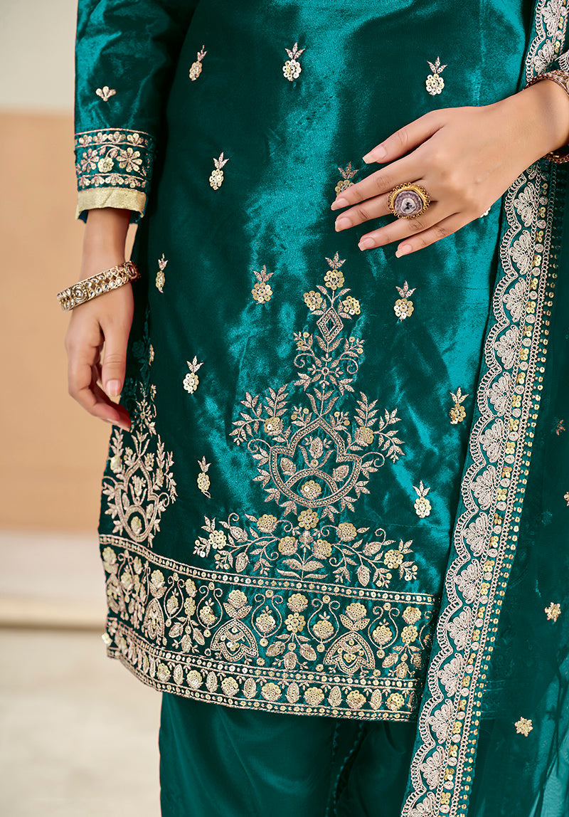 Monjolika Fashion Teal Velvet Embroidered Salwar Kameez - Distacart