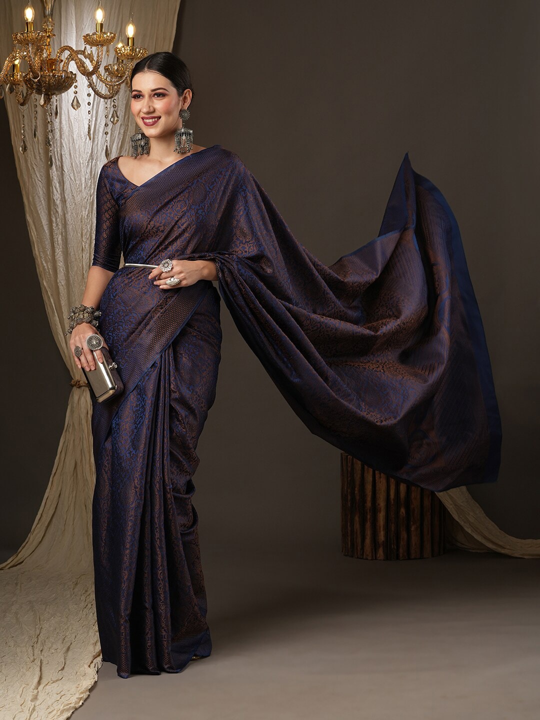Saree Mall Navy Blue & Gold-Toned Woven Design Zari Silk Blend Banarasi Sarees - Distacart