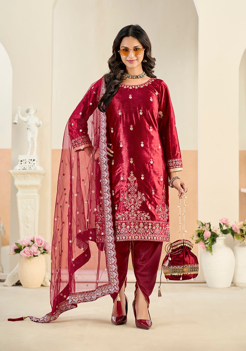 Monjolika Fashion Maroon Velvet Embroidered Salwar Kameez - Distacart