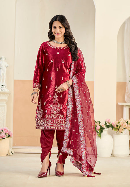 Monjolika Fashion Maroon Velvet Embroidered Salwar Kameez