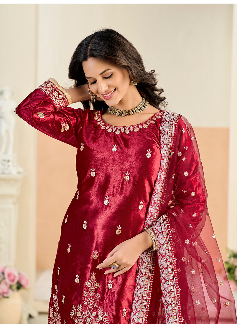 Monjolika Fashion Maroon Velvet Embroidered Salwar Kameez - Distacart