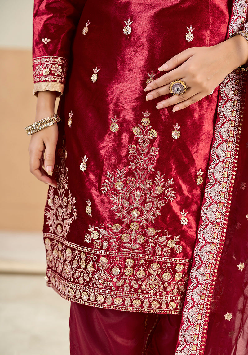 Monjolika Fashion Maroon Velvet Embroidered Salwar Kameez - Distacart