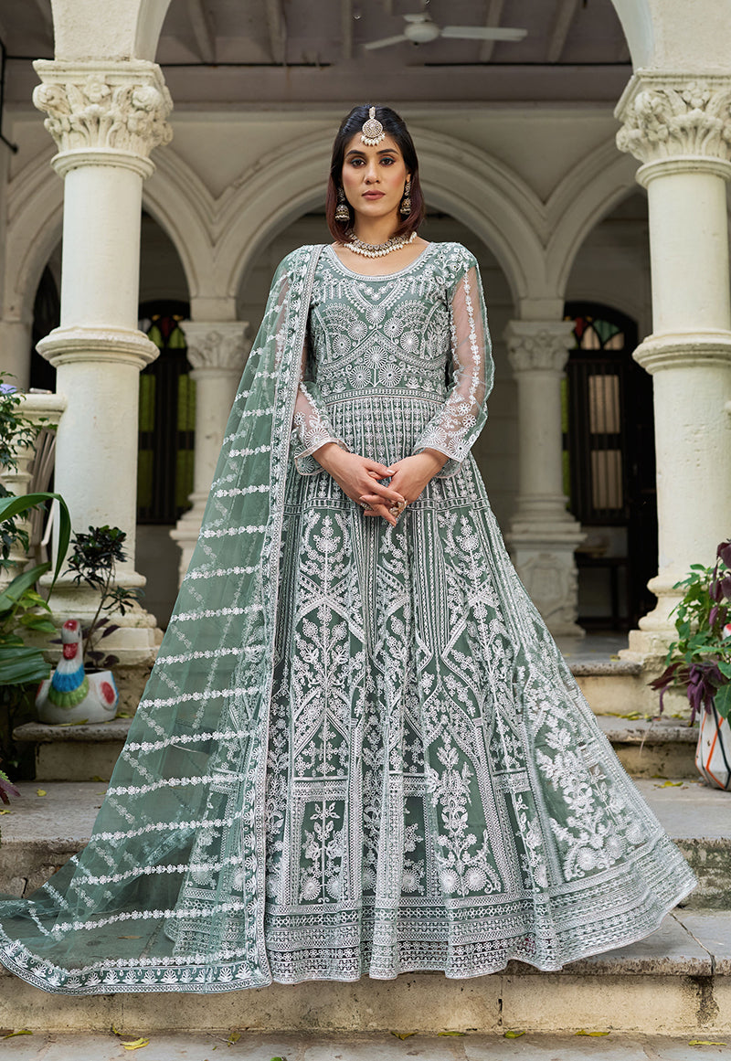 Monjolika Fashion Sea Green Embroidered Net Gown with Dupatta - Distacart