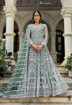 Monjolika Fashion Sea Green Embroidered Net Gown with Dupatta - Distacart