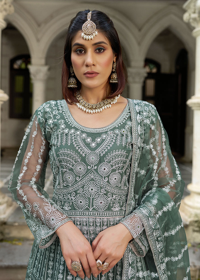Monjolika Fashion Sea Green Embroidered Net Gown with Dupatta - Distacart