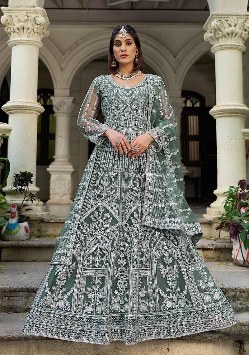 Monjolika Fashion Sea Green Embroidered Net Gown with Dupatta - Distacart