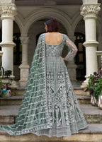 Monjolika Fashion Sea Green Embroidered Net Gown with Dupatta - Distacart