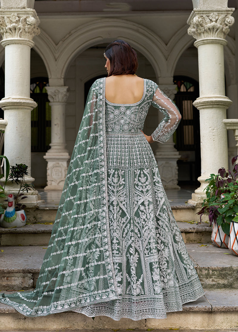 Monjolika Fashion Sea Green Embroidered Net Gown with Dupatta - Distacart