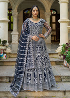 Monjolika Fashion Navy Blue Embroidered Net Gown with Dupatta - Distacart
