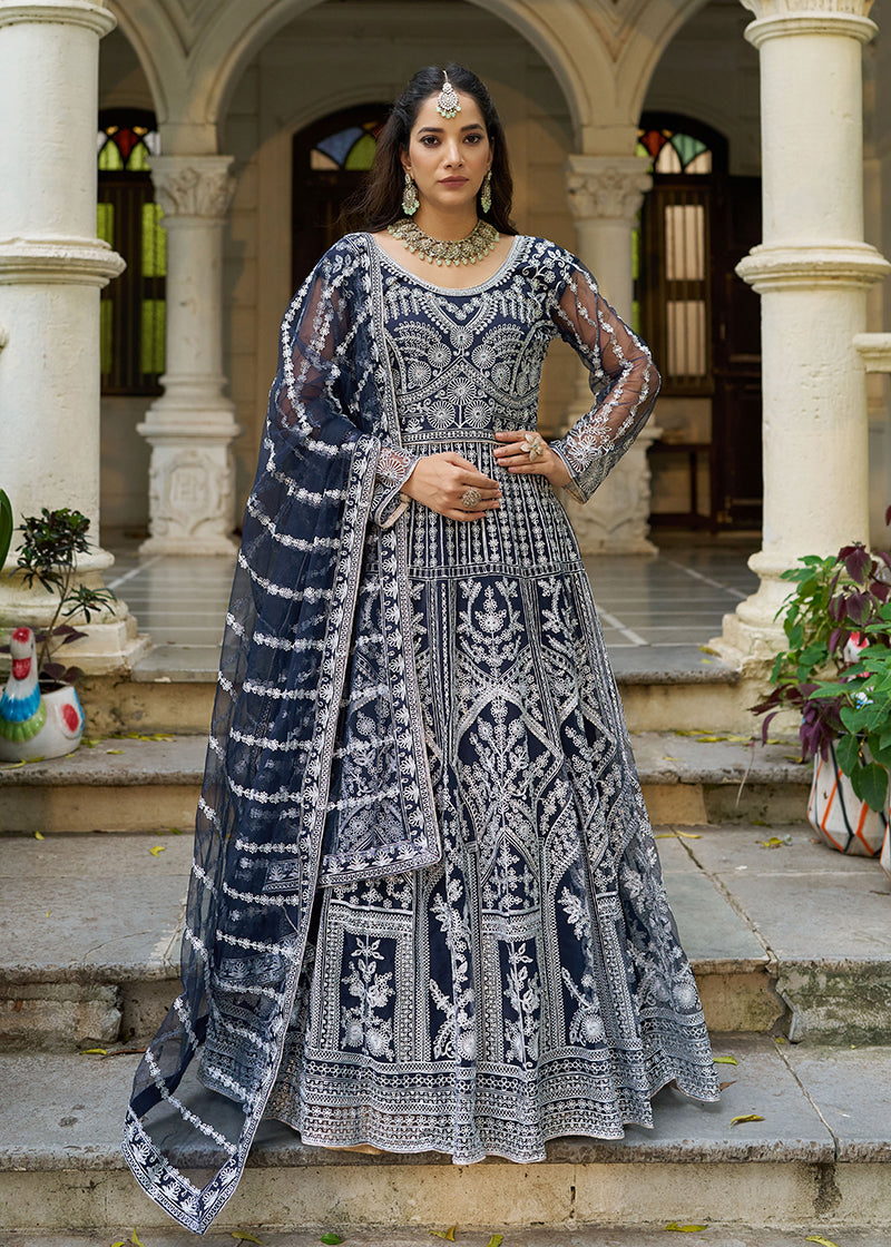 Monjolika Fashion Navy Blue Embroidered Net Gown with Dupatta - Distacart