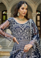 Monjolika Fashion Navy Blue Embroidered Net Gown with Dupatta - Distacart