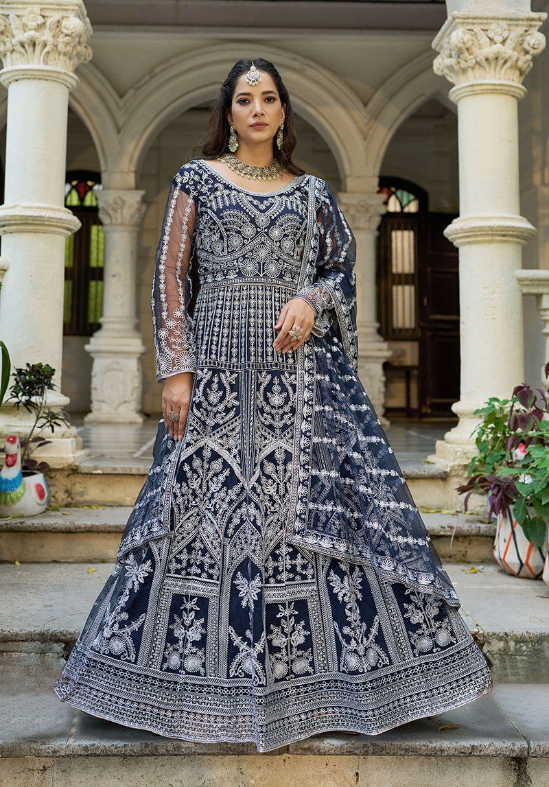 Monjolika Fashion Navy Blue Embroidered Net Gown with Dupatta - Distacart