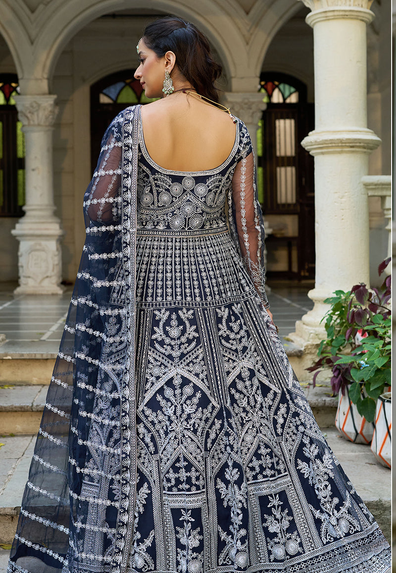 Monjolika Fashion Navy Blue Embroidered Net Gown with Dupatta - Distacart
