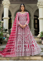 Monjolika Fashion Rani Pink Embroidered Net Gown with Dupatta - Distacart