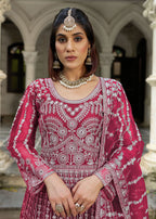 Monjolika Fashion Rani Pink Embroidered Net Gown with Dupatta - Distacart