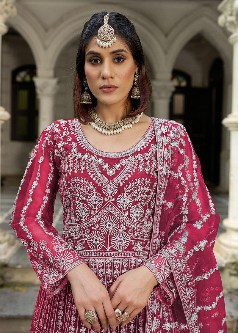 Monjolika Fashion Rani Pink Embroidered Net Gown with Dupatta - Distacart