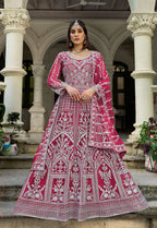 Monjolika Fashion Rani Pink Embroidered Net Gown with Dupatta - Distacart