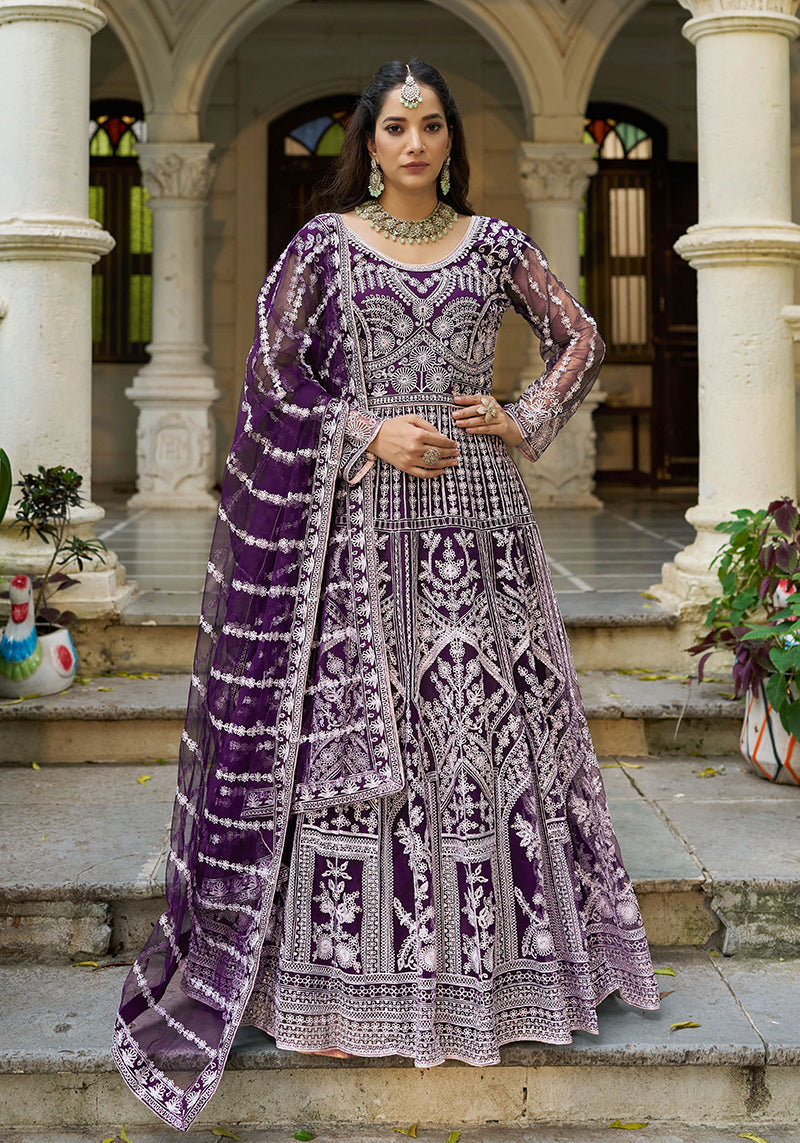 Monjolika Fashion Purple Embroidered Net Gown with Dupatta - Distacart