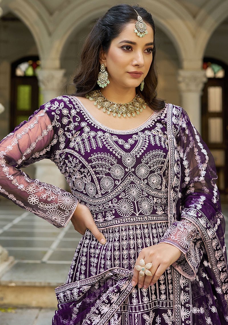 Monjolika Fashion Purple Embroidered Net Gown with Dupatta - Distacart