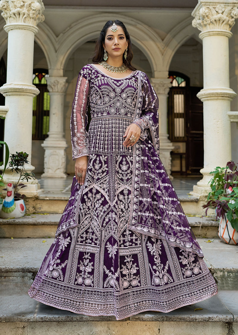 Monjolika Fashion Purple Embroidered Net Gown with Dupatta - Distacart