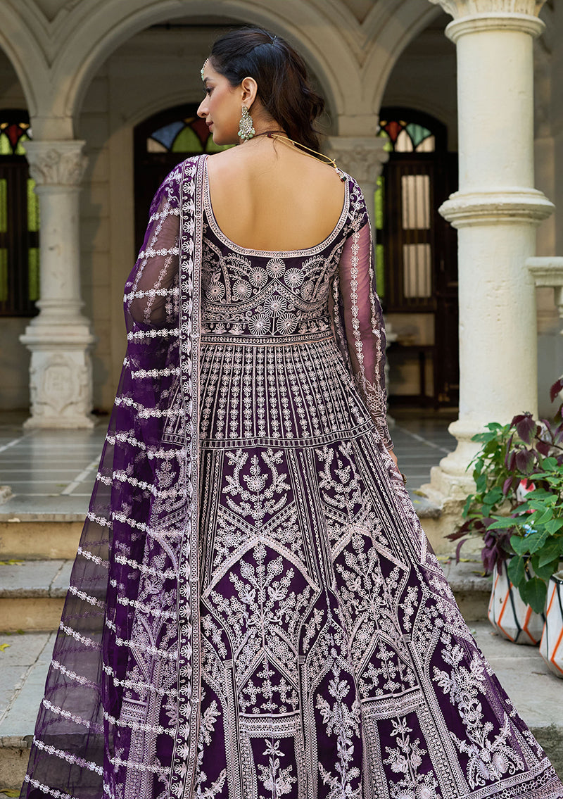 Monjolika Fashion Purple Embroidered Net Gown with Dupatta - Distacart