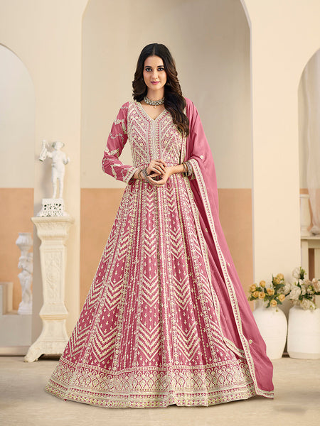 Monjolika Fashion Faux Georgette Embroidered Pink Anarkali Salwar Kameez
