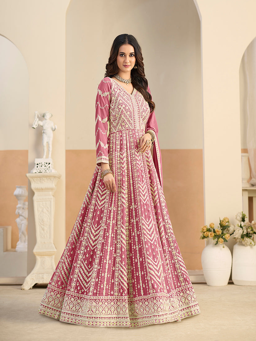 Monjolika Fashion Faux Georgette Embroidered Pink Anarkali Salwar Kameez - Distacart