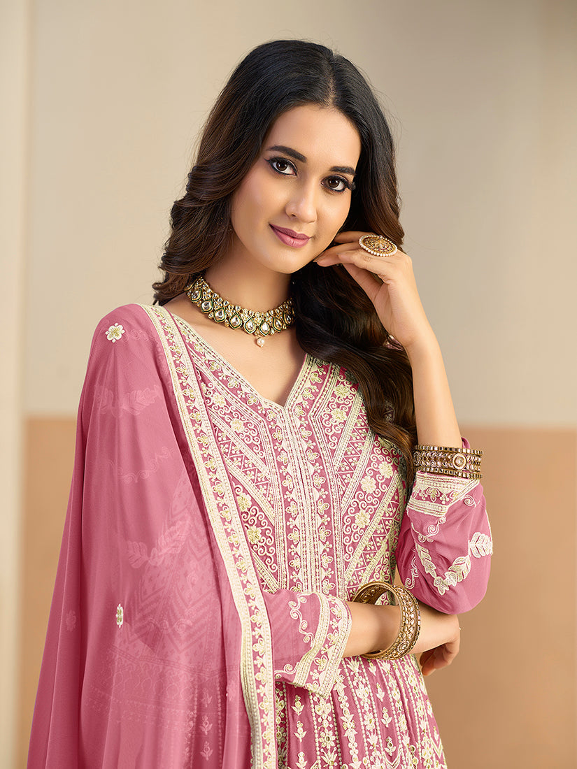 Monjolika Fashion Faux Georgette Embroidered Pink Anarkali Salwar Kameez - Distacart