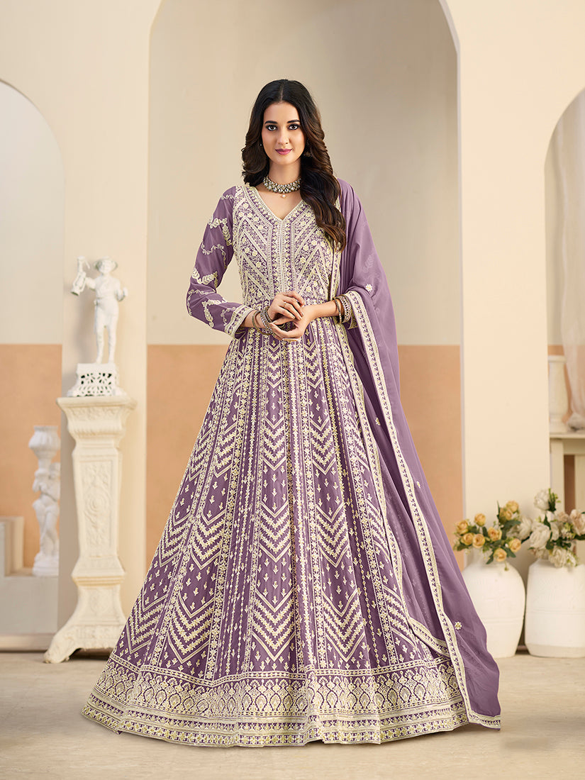 Monjolika Fashion Faux Georgette Embroidered Light Purple Anarkali Salwar Kameez - Distacart