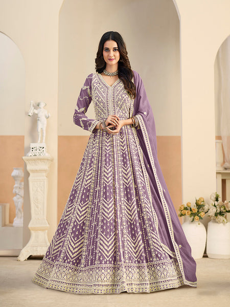Monjolika Fashion Faux Georgette Embroidered Light Purple Anarkali Salwar Kameez