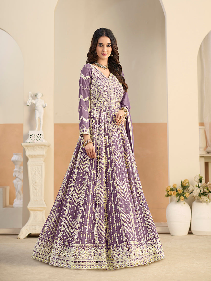 Monjolika Fashion Faux Georgette Embroidered Light Purple Anarkali Salwar Kameez - Distacart