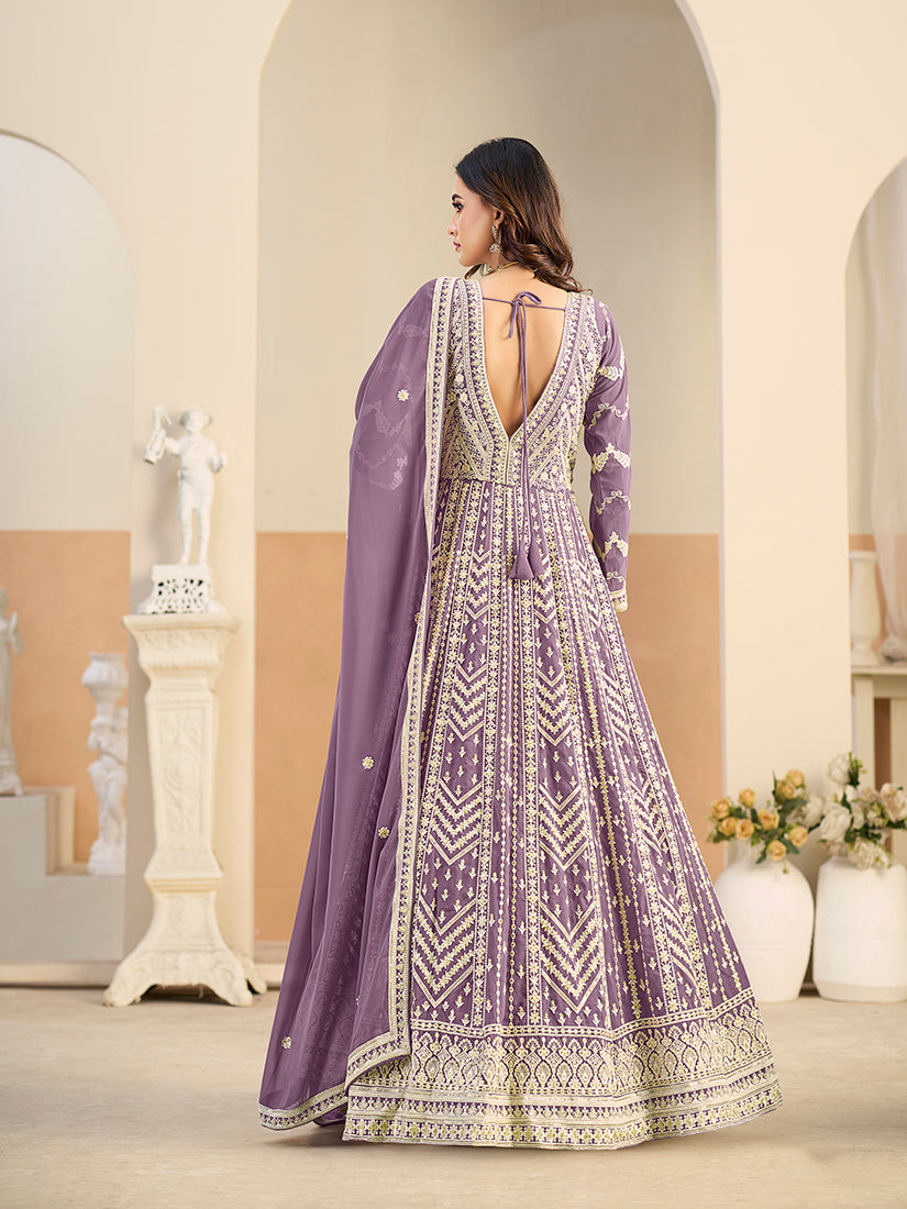 Monjolika Fashion Faux Georgette Embroidered Light Purple Anarkali Salwar Kameez - Distacart