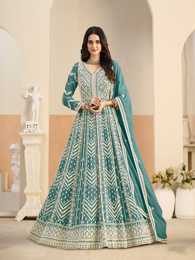Monjolika Fashion Faux Georgette Embroidered Turquoise Anarkali Salwar Kameez - Distacart