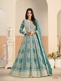 Monjolika Fashion Faux Georgette Embroidered Turquoise Anarkali Salwar Kameez - Distacart