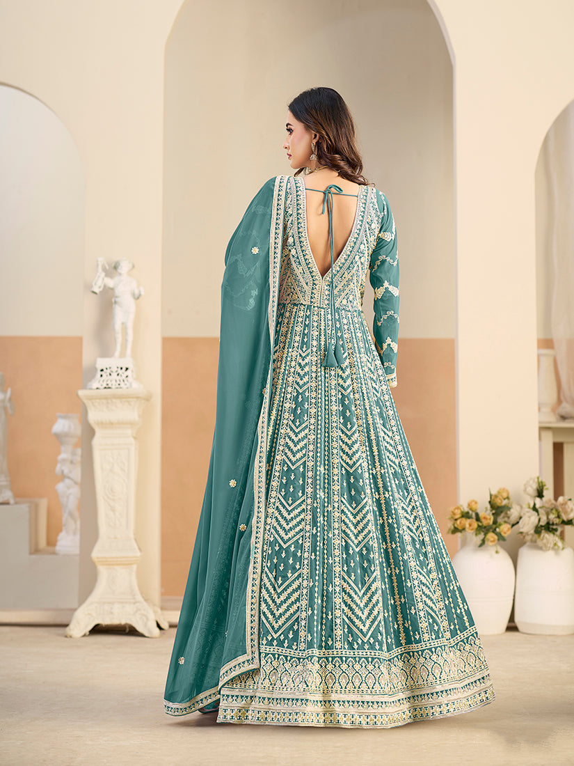 Monjolika Fashion Faux Georgette Embroidered Turquoise Anarkali Salwar Kameez - Distacart