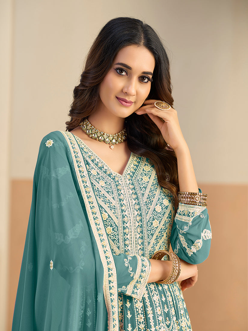 Monjolika Fashion Faux Georgette Embroidered Turquoise Anarkali Salwar Kameez - Distacart