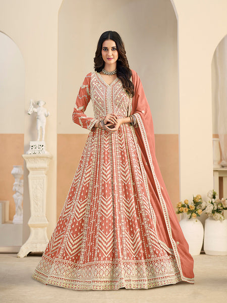 Monjolika Fashion Faux Georgette Embroidered Peach Anarkali Salwar Kameez