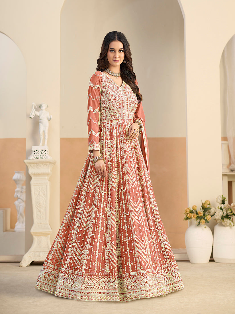 Monjolika Fashion Faux Georgette Embroidered Peach Anarkali Salwar Kameez - Distacart