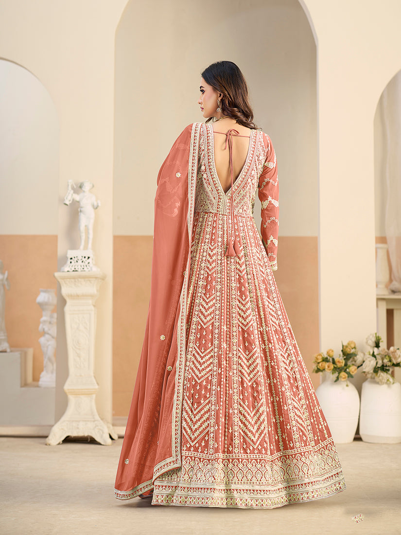 Monjolika Fashion Faux Georgette Embroidered Peach Anarkali Salwar Kameez - Distacart