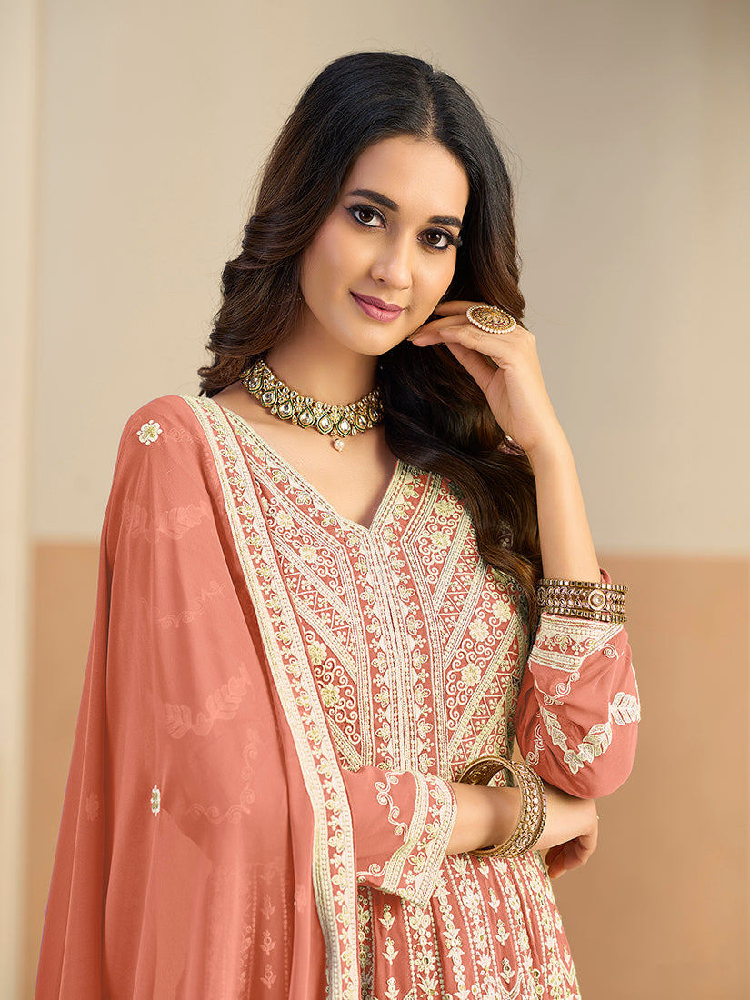 Monjolika Fashion Faux Georgette Embroidered Peach Anarkali Salwar Kameez - Distacart