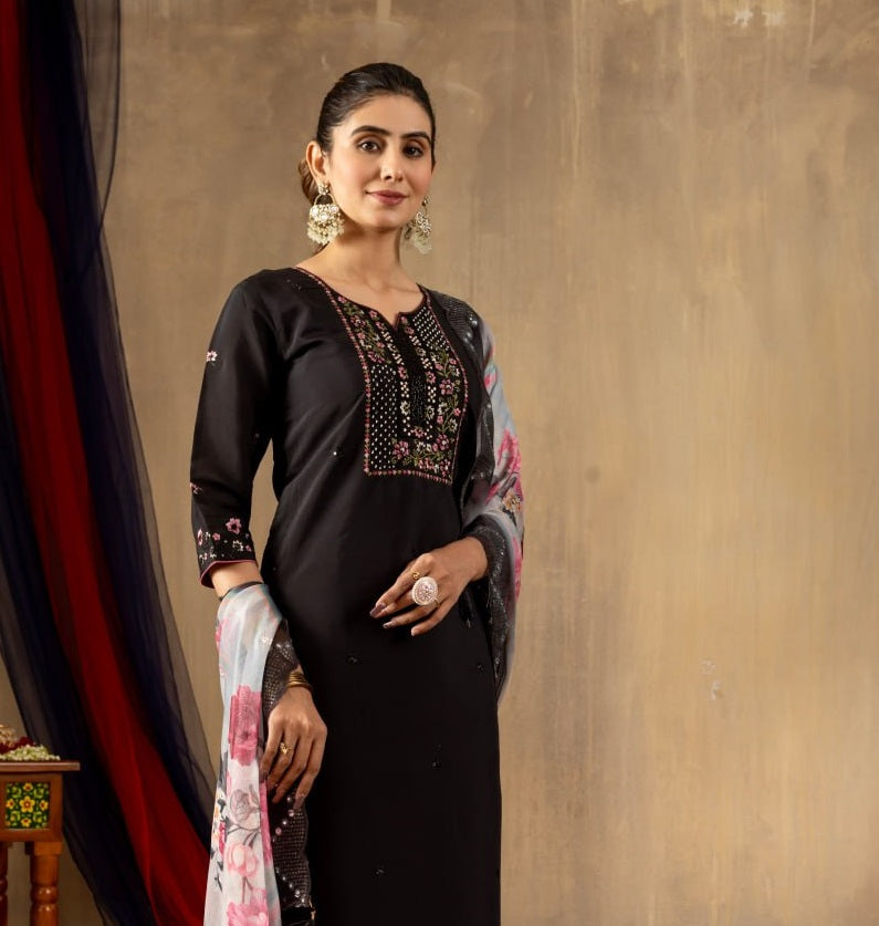 Pramukh Fab Black Color Roman Silk Kurta Set - Distacart