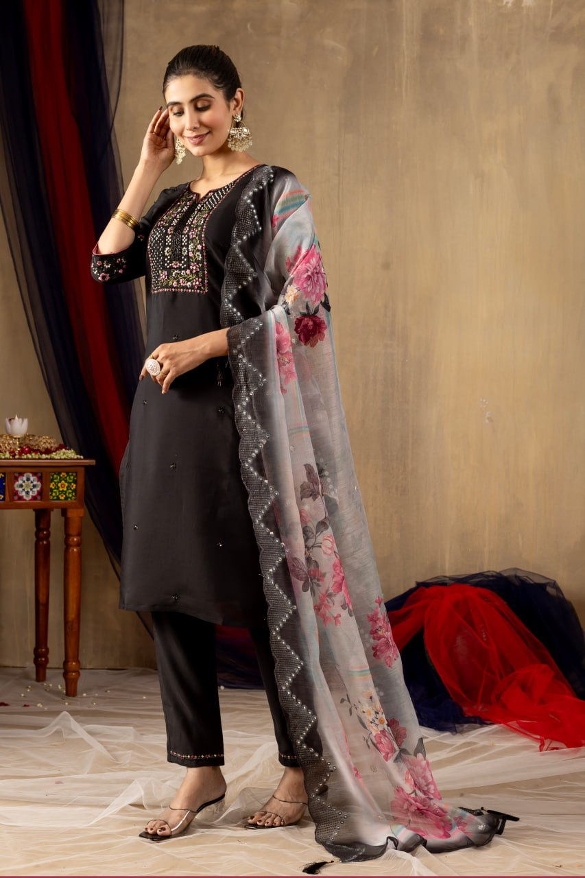 Pramukh Fab Black Color Roman Silk Kurta Set - Distacart