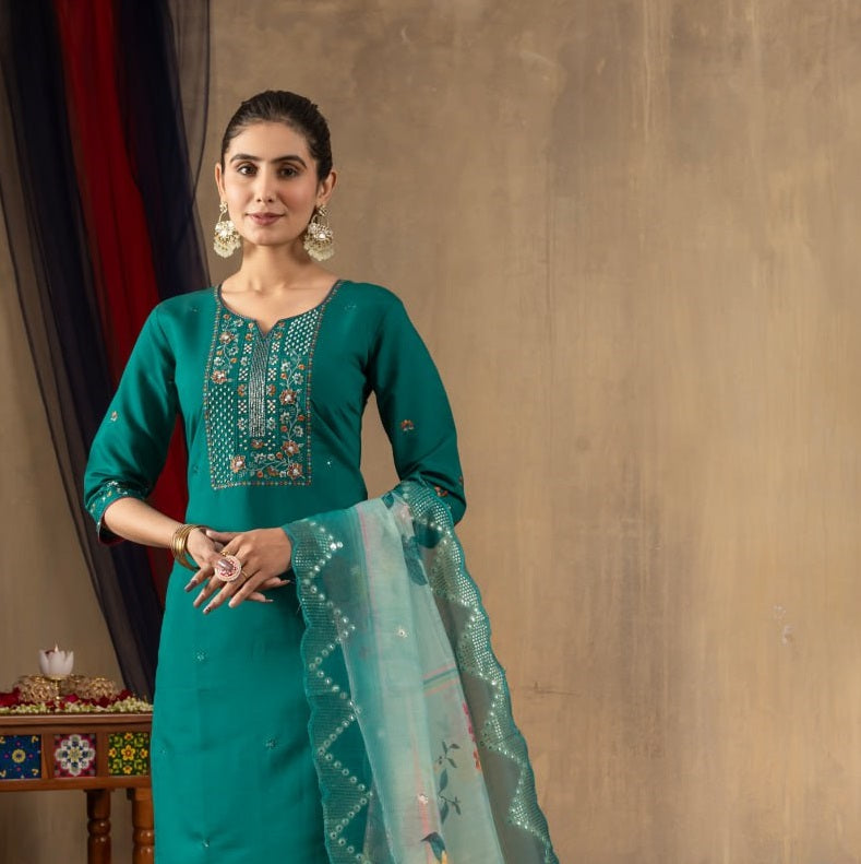 Pramukh Fab Sea Green Color Roman Silk Kurta Set - Distacart