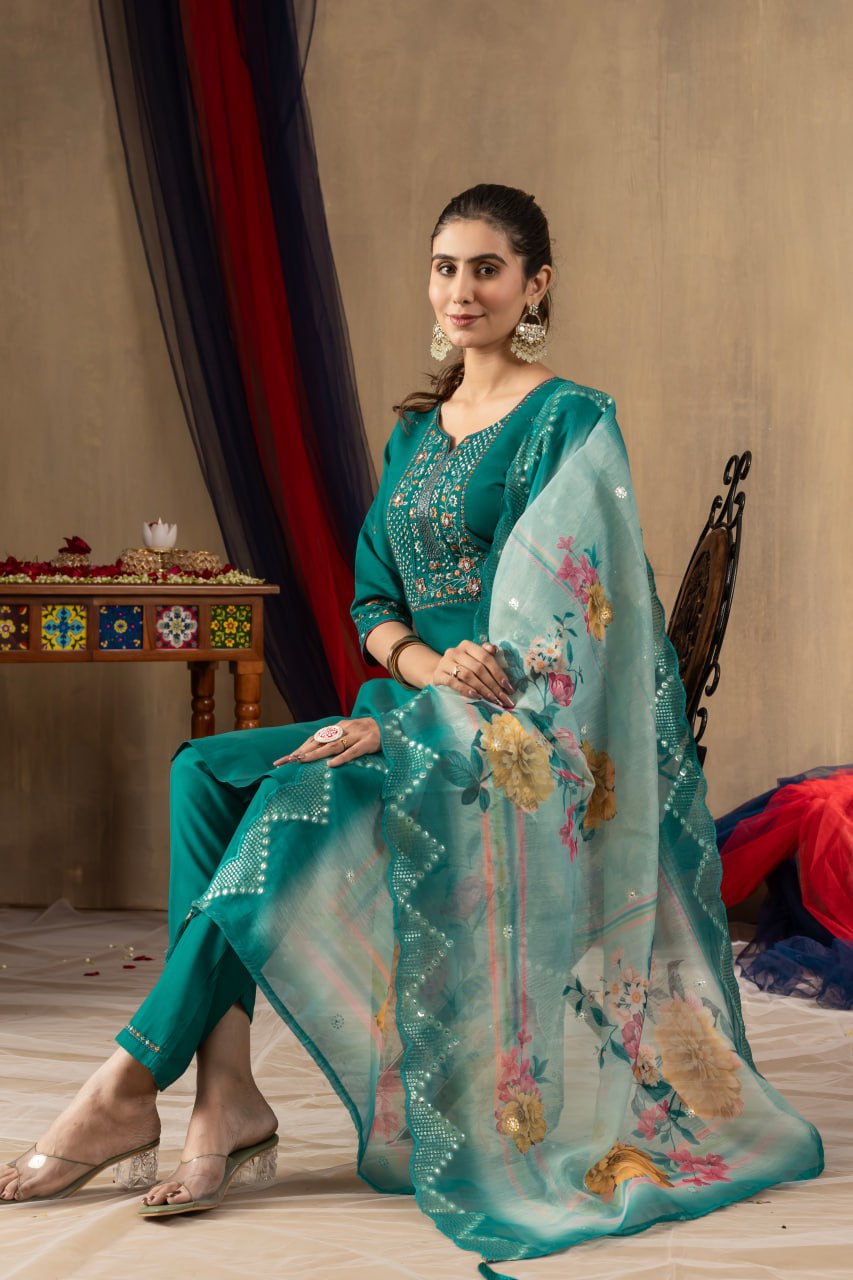 Pramukh Fab Sea Green Color Roman Silk Kurta Set - Distacart