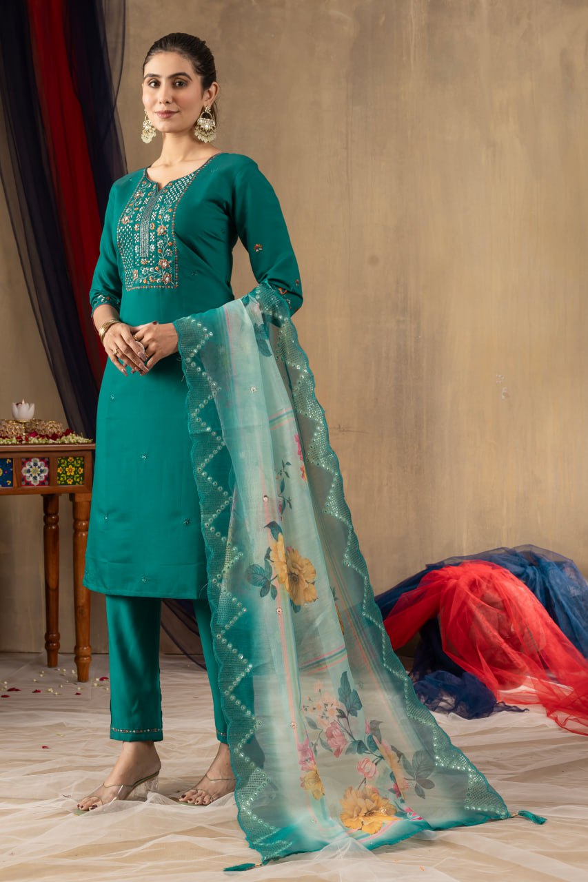 Pramukh Fab Sea Green Color Roman Silk Kurta Set - Distacart