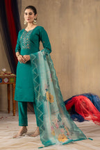 Pramukh Fab Sea Green Color Roman Silk Kurta Set - Distacart
