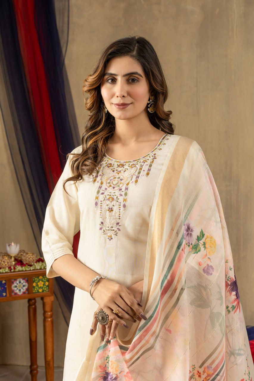 Pramukh Fab Off White Shimmer Gold Silk Color Kurta Set - Distacart