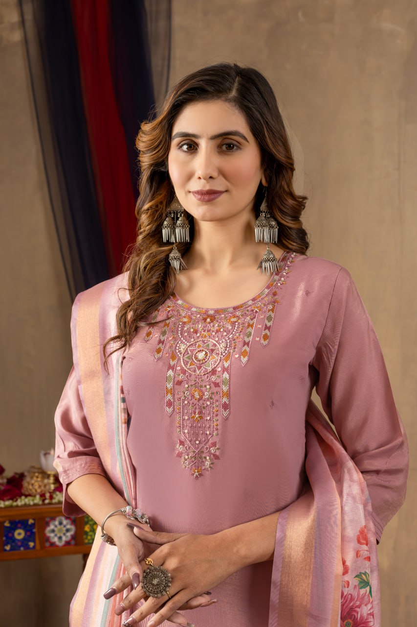 Pramukh Fab Onion Pink Shimmer Gold Silk Color Kurta Set - Distacart