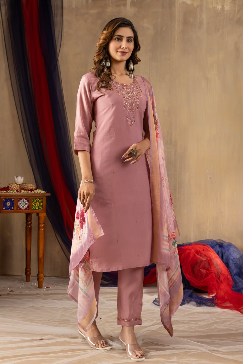 Pramukh Fab Onion Pink Shimmer Gold Silk Color Kurta Set - Distacart