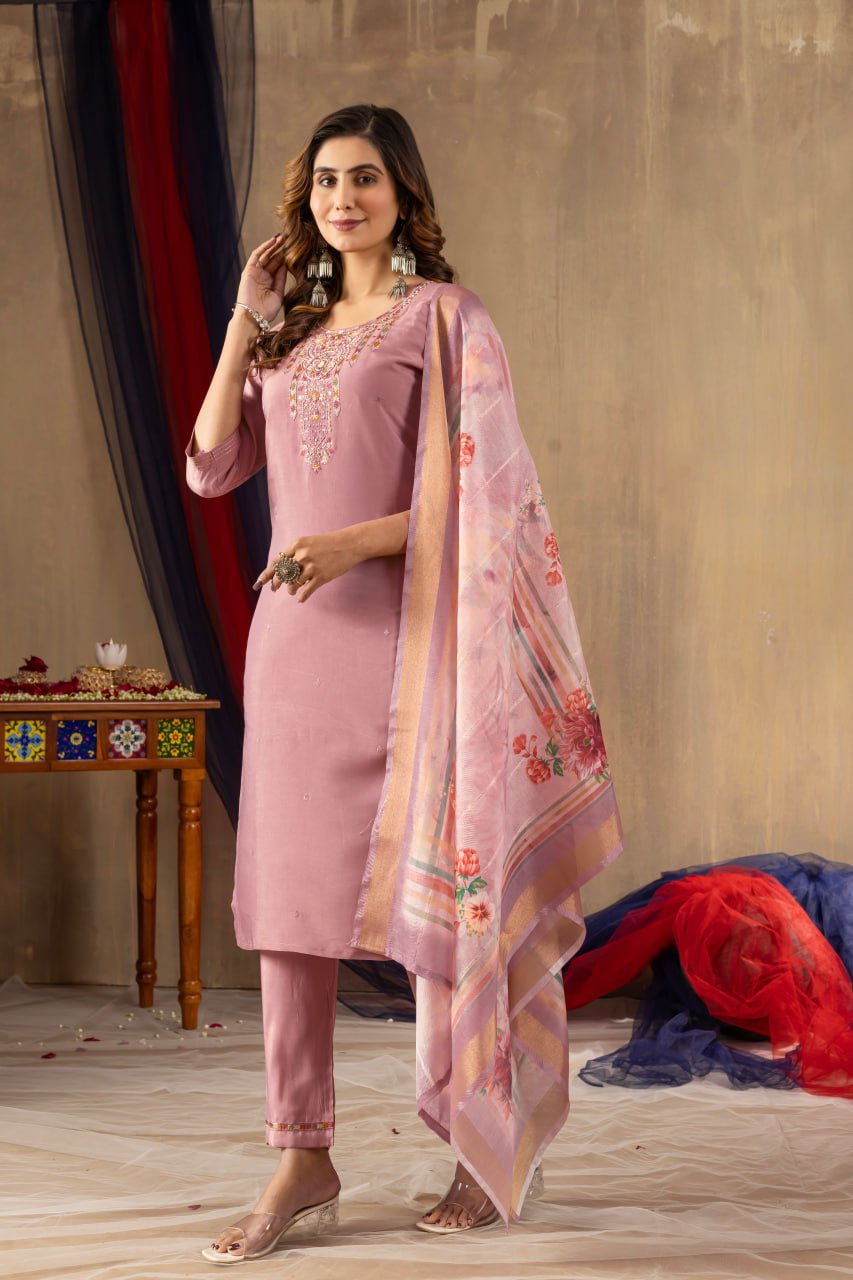 Pramukh Fab Onion Pink Shimmer Gold Silk Color Kurta Set - Distacart
